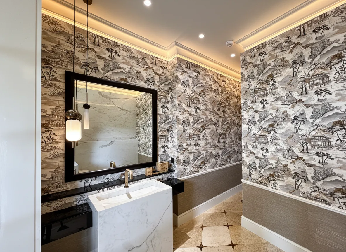 Calacatta totem basin with decorative wallpaper and warm LED lighting