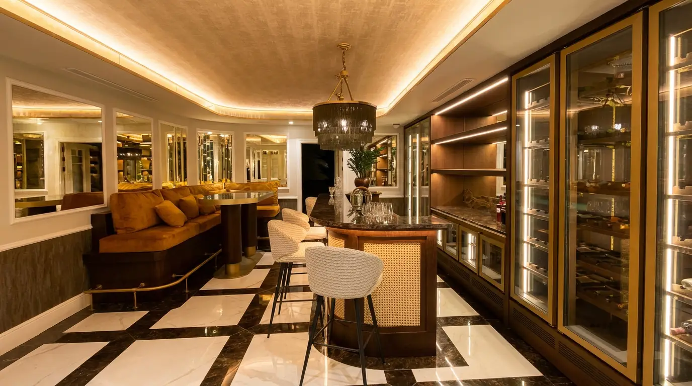 Bar counter and lounge seating under cove lighting