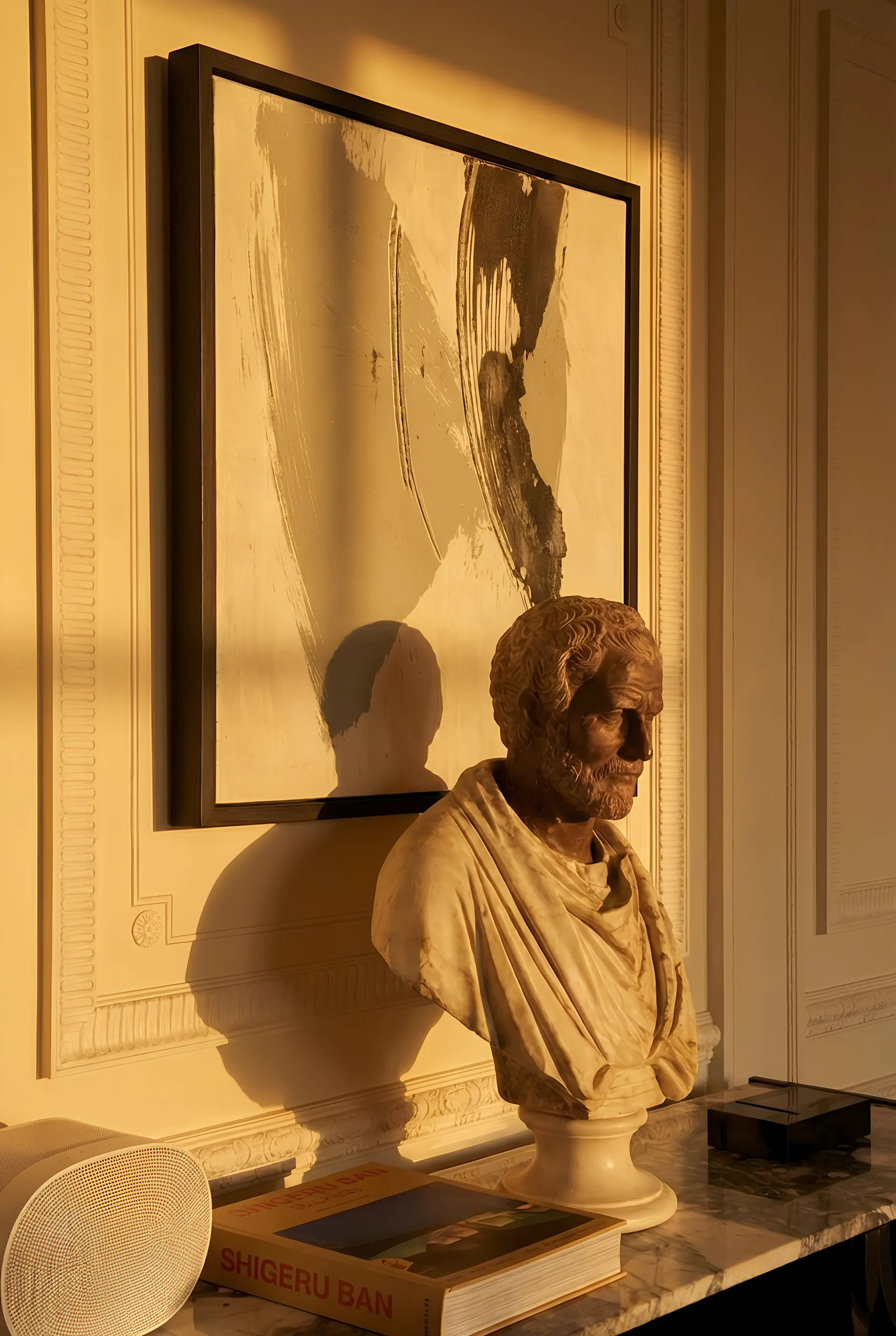 Marble bust and abstract painting in warm afternoon light