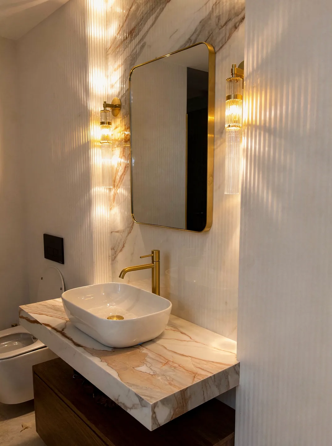 Bathroom vanity with vessel basin and LED strip