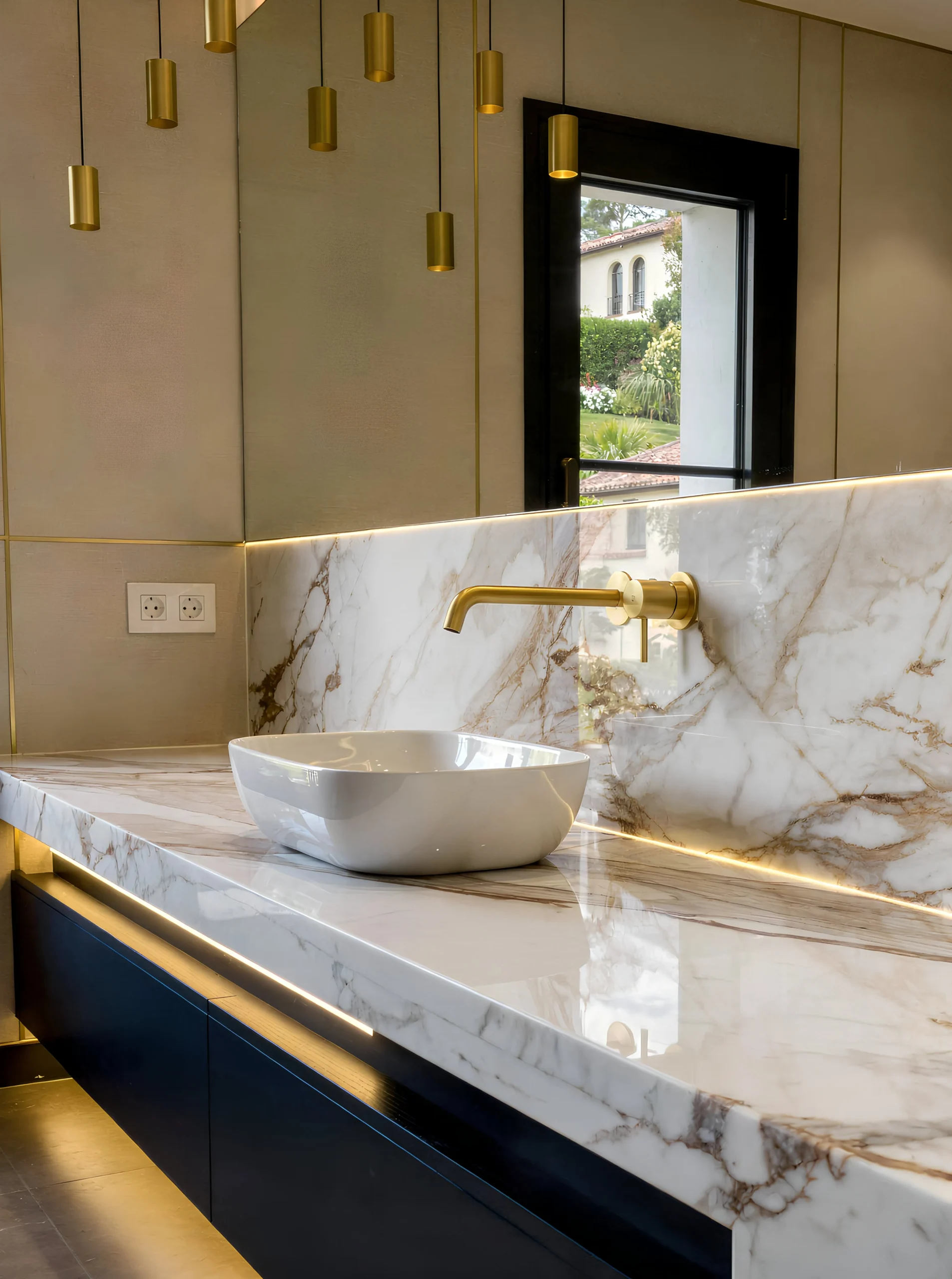 Bathroom vanity with marble counter, brass basin and pendant lights at Villa Montua