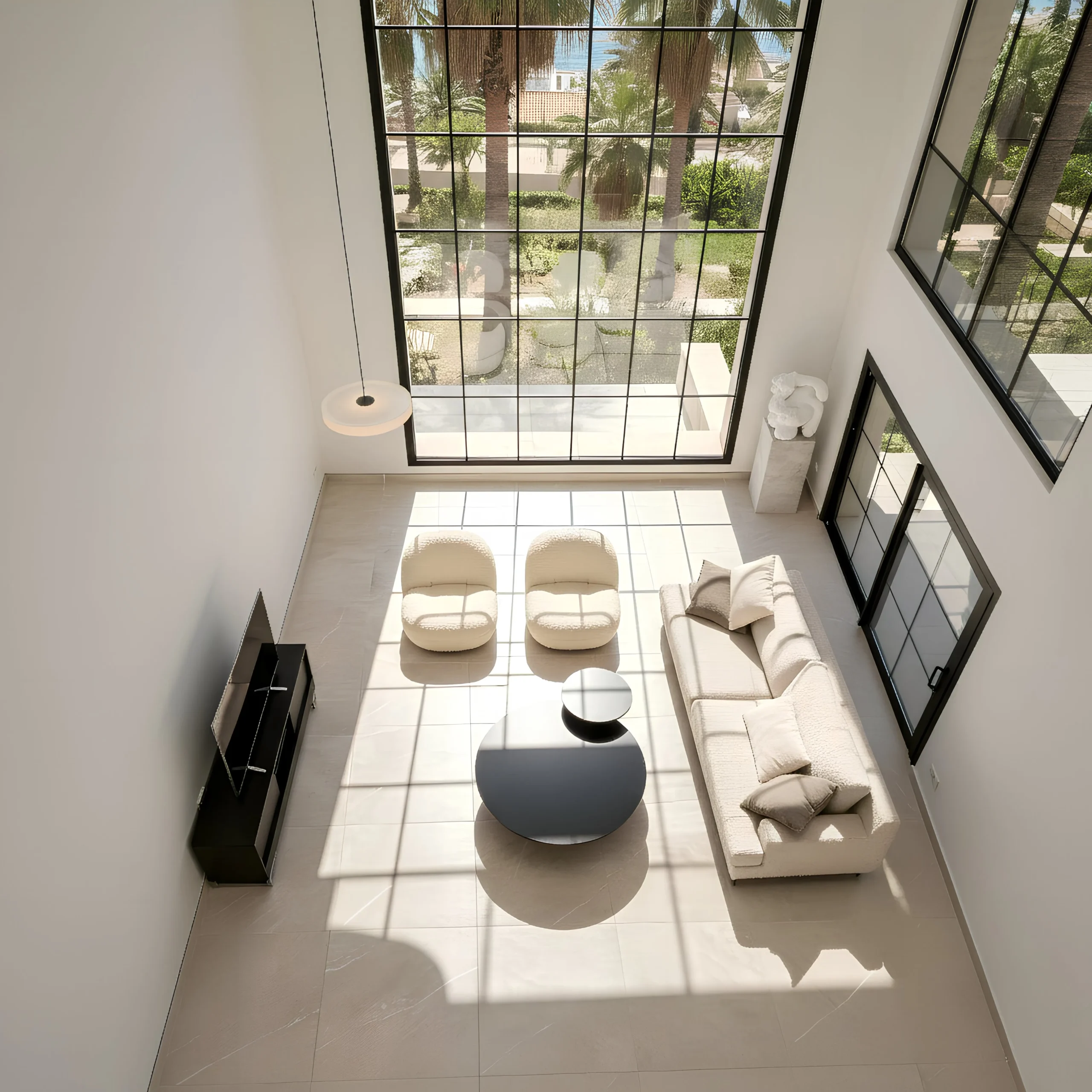 Double-height living room with skylight