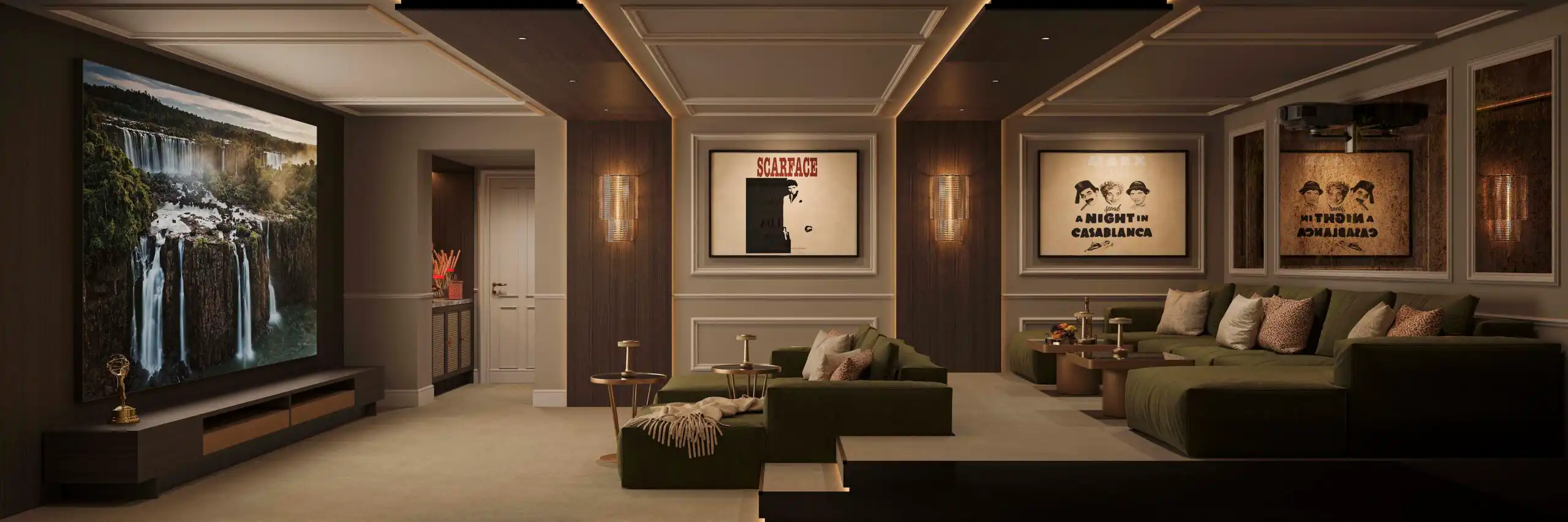 Private cinema with decorative wall panels and ambient lighting